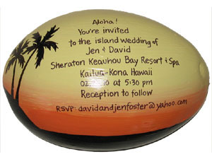 Click to enlarge this island destination wedding invitations hand painted on a half shell coconut