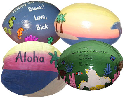 Hand painted personalized coconuts for gifts, favors, invitations, promotional items, corporate gifts, and hip luau party decorations