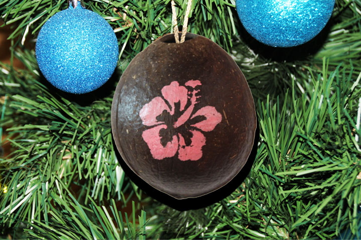 Painted coconut ornament with Hawaiian flower hibiscus. Buy optional stand and display it on a table top all year long.